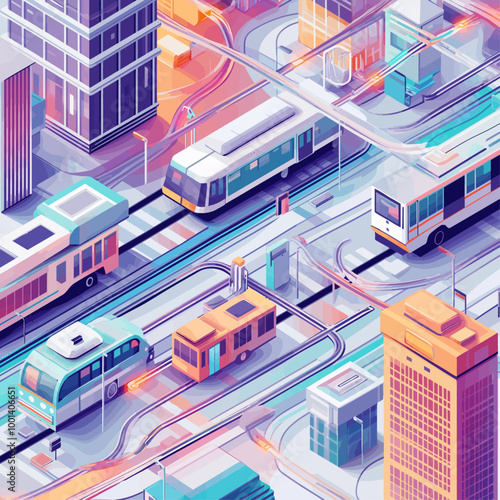 Isometric Electric Public Transport Illustration