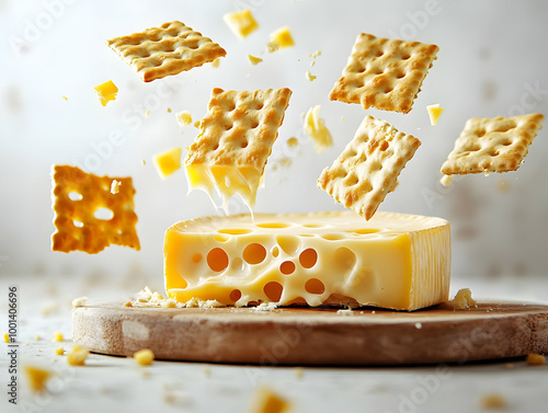 Cheese block with floating crackers, creative food composition, delicious snack, isolated on light background. photo