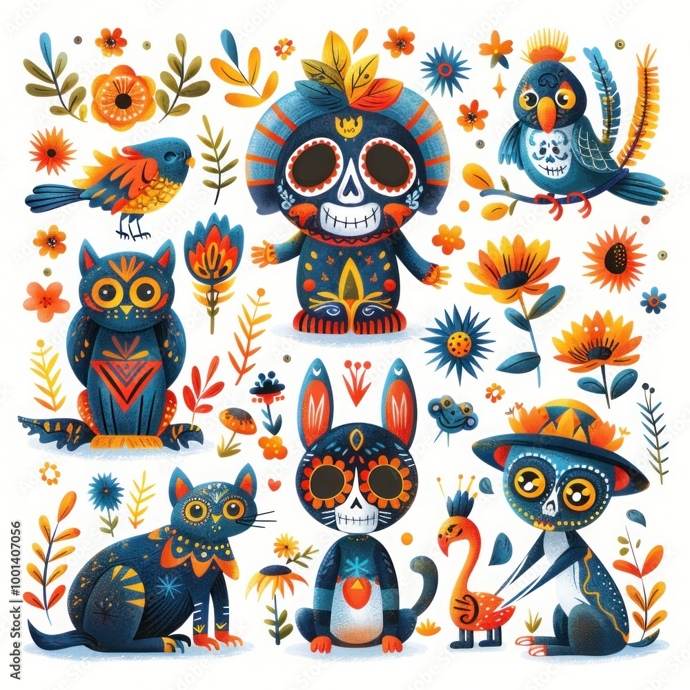 Colorful Day of the Dead Animals and Skulls with Mexican Elements and Flowers - Fiesta, Halloween, Holiday Poster or Party Flyer Vector Illustration Colorful Day of the Dead Animals and Skulls with Mexican Elements and Flowers - Fiesta, Halloween, Holiday Poster or Party Flyer Vector Illustration