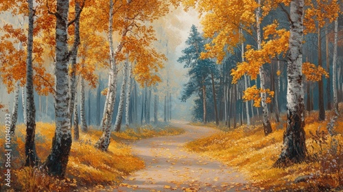 Eastern European autumn forest scene, with colorful yellow and orange leaves, majestic tree trunks, and a charming road meandering through the landscape