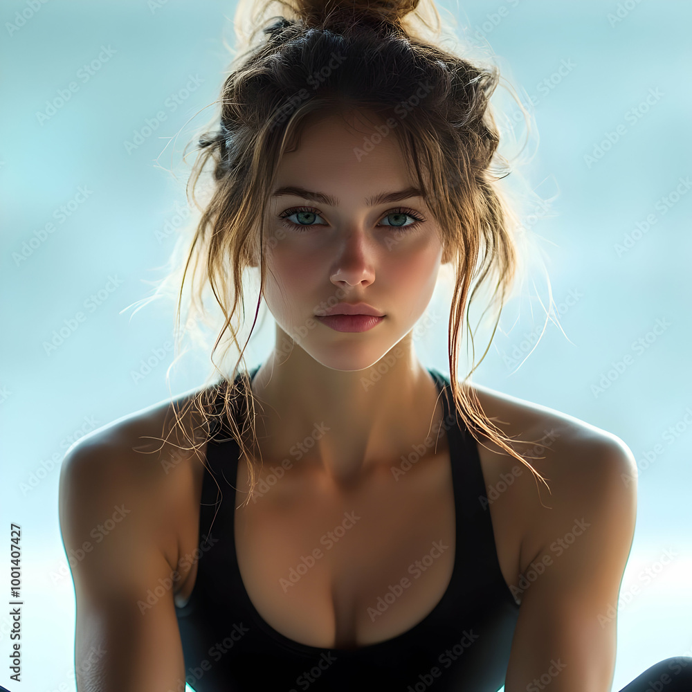A focused young woman in athletic wear, gazing intensely with a serene background, embodying strength and determination. A focused young woman in athletic wear, gazing intensely with a serene background, embodying strength and determination.
