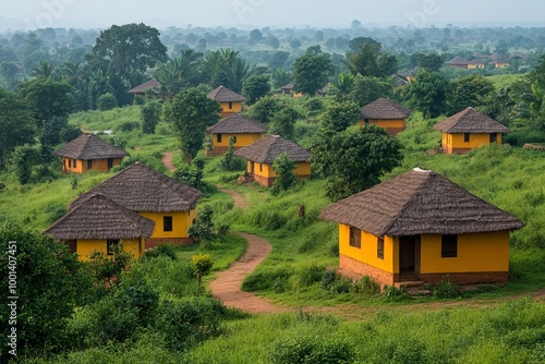 Idyllic village huts nestled in lush greenery, surrounded by trees and a serene rural landscape