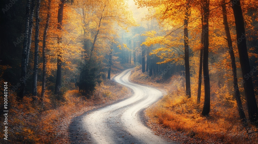 Obraz premium Eastern European autumn landscape with a magical forest, colorful yellow and orange foliage, tree trunks, and a serene road winding through