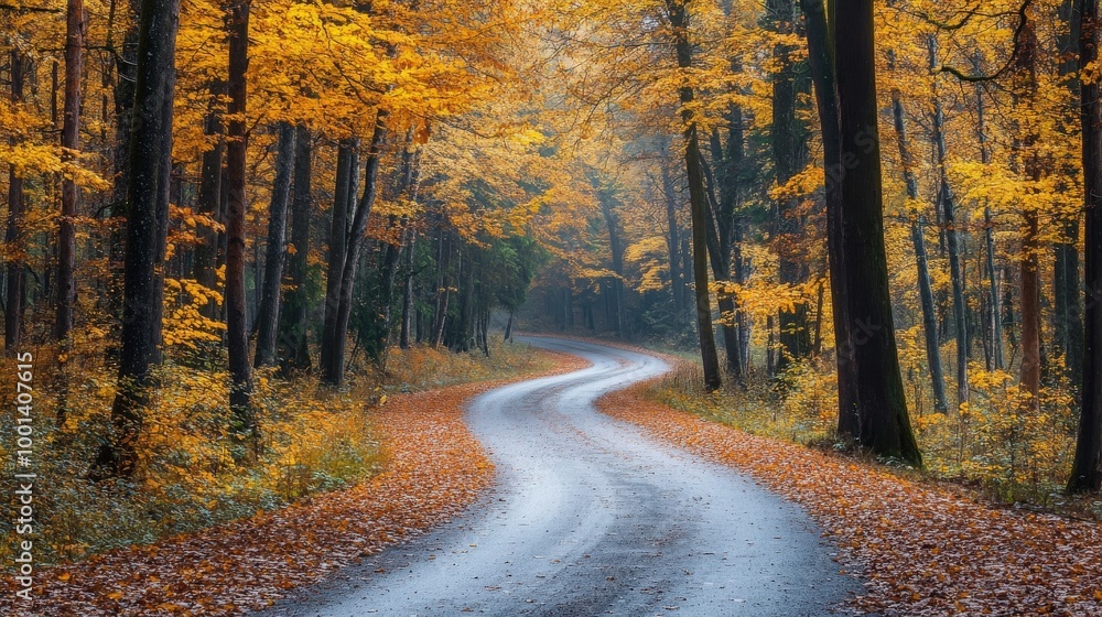 Obraz premium Eastern European autumn landscape with a magical forest, colorful yellow and orange foliage, tree trunks, and a serene road winding through