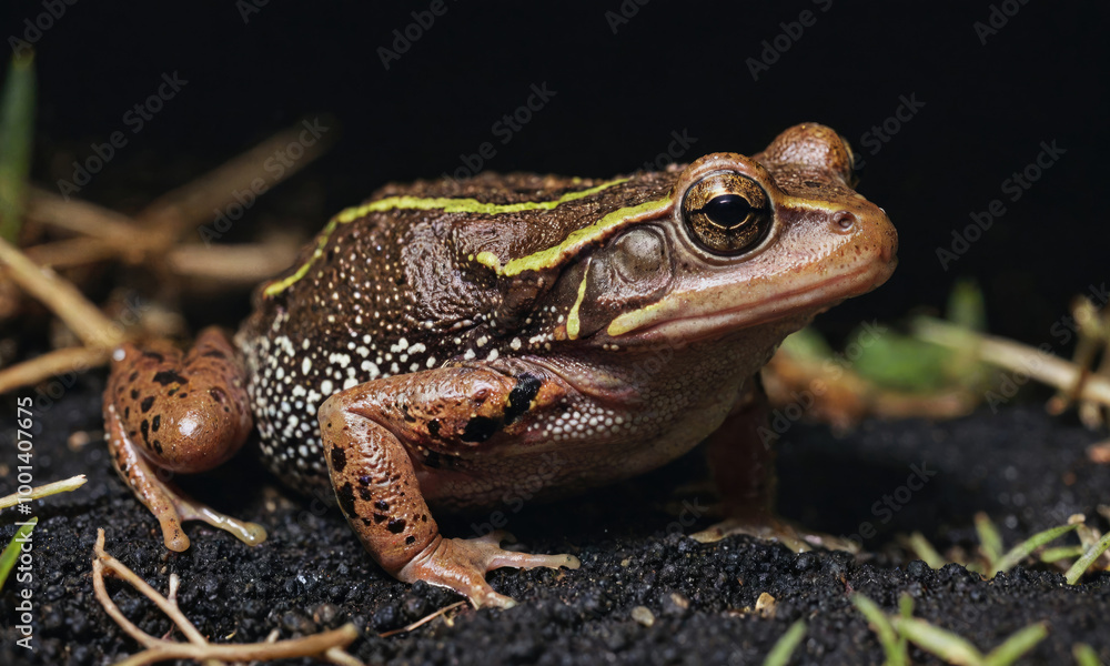 A brown frog with yellow stripes sits on the forest floor A brown frog with yellow stripes sits on the forest floor