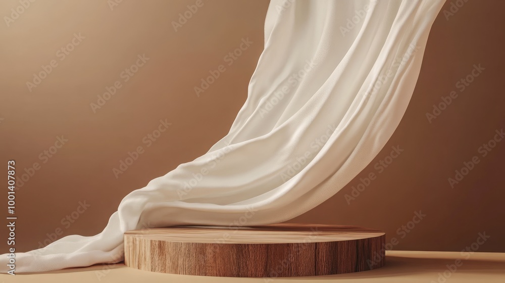 Elegant 3D display podium against a brown background. Wooden pedestal with silk curtain flowing in the wind. Elegant 3D display podium against a brown background. Wooden pedestal with silk curtain flowing in the wind.