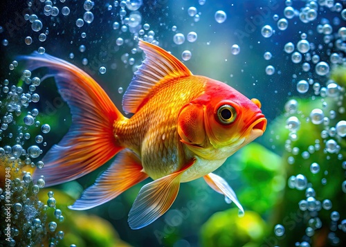 A whimsical goldfish appears to be talking, surrounded by bubbles in a vibrant aquarium setting