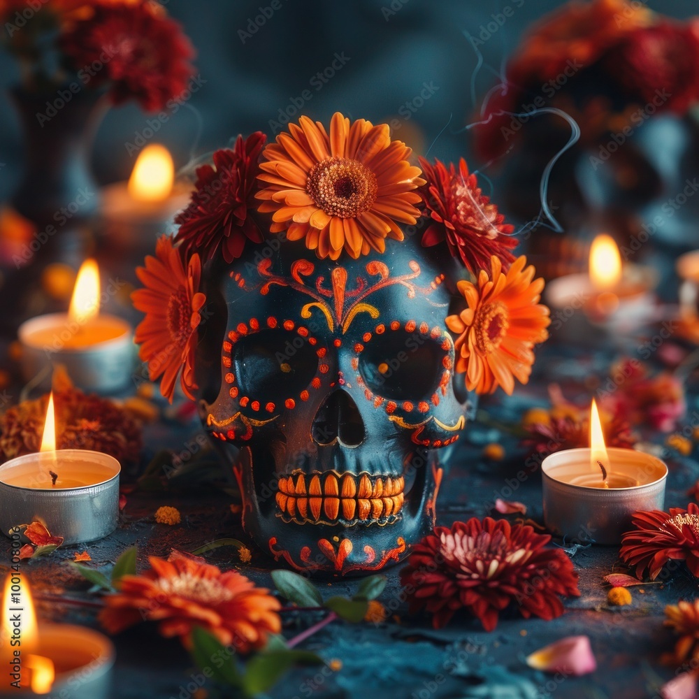 Day of the Dead: Painted Skull with Candles and Flowers on Dark Background Day of the Dead: Painted Skull with Candles and Flowers on Dark Background