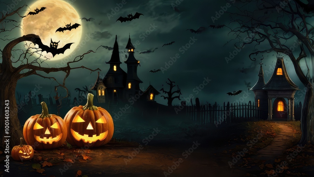 Fototapeta premium halloween banner with pumpkins and spooky castle