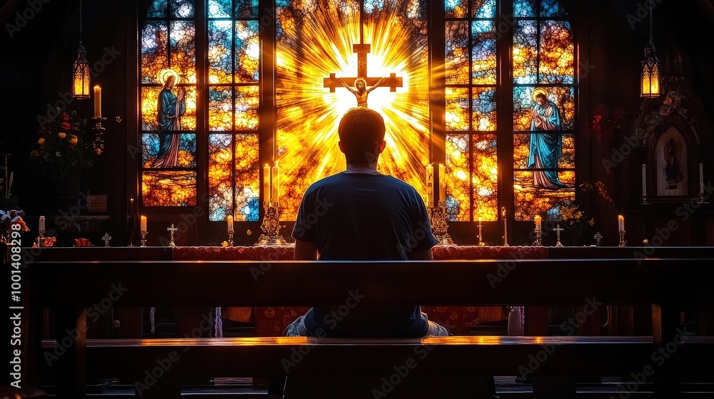 A lone figure sits in the pews of a dimly lit church, bathed in the golden light filtering through stained glass windows depicting religious imagery. A lone figure sits in the pews of a dimly lit church, bathed in the golden light filtering through stained glass windows depicting religious imagery.