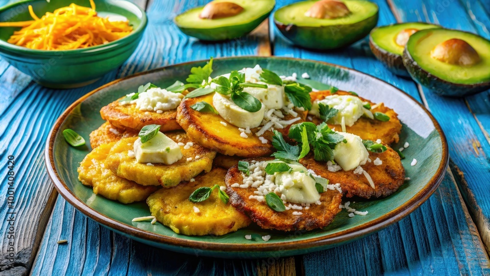 Crunchy fried green plantains, sliced and flattened, served with melted cheese, meat, and avocado on a vibrant blue plate, evoking Venezuelan street food flavors. Crunchy fried green plantains, sliced and flattened, served with melted cheese, meat, and avocado on a vibrant blue plate, evoking Venezuelan street food flavors.