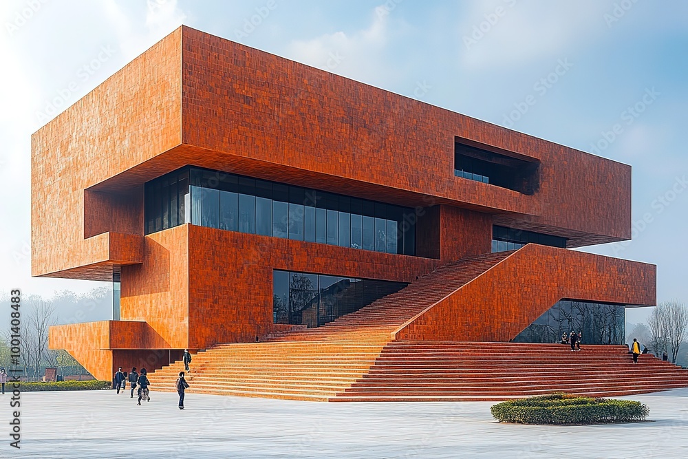 A large building with a red exterior and a glass facade A large building with a red exterior and a glass facade