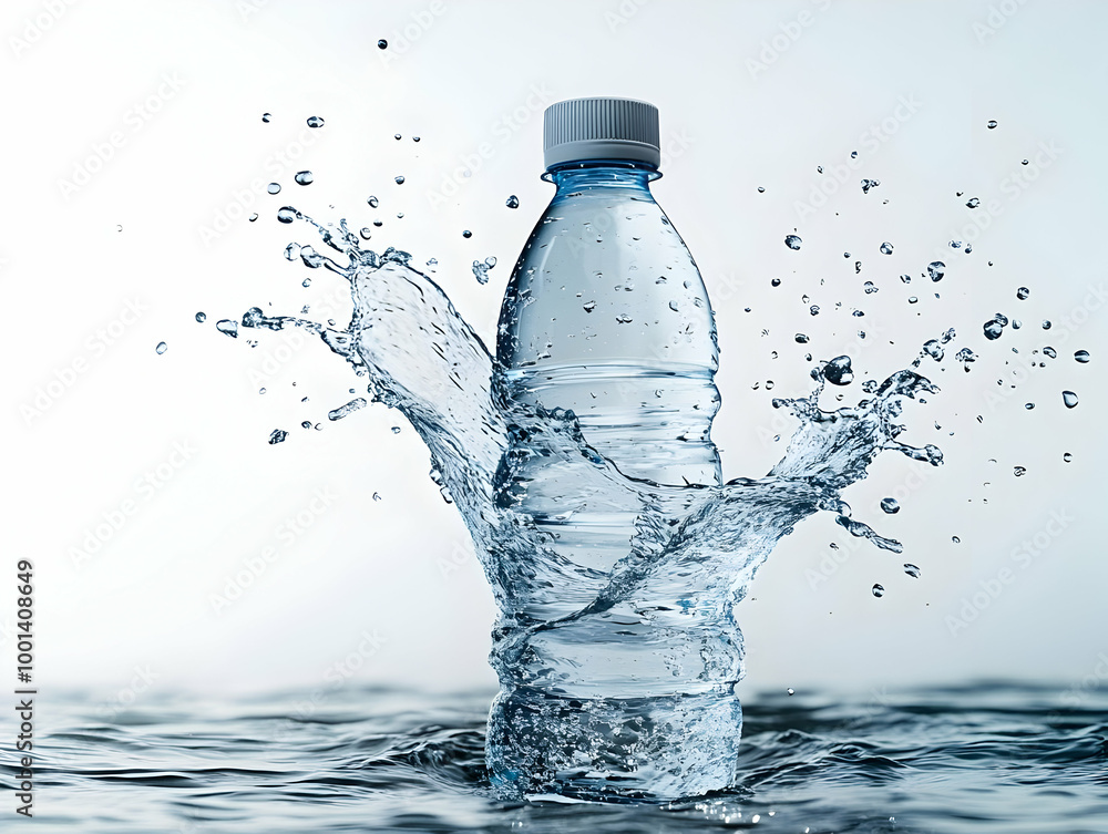 Water bottle splashing in clear water, dynamic action, white isolated background. Water bottle splashing in clear water, dynamic action, white isolated background.