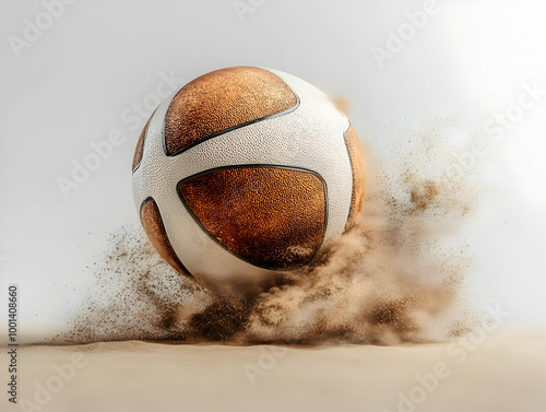 Dynamic soccer ball in motion, kicking up sand, on a white isolated background. photo