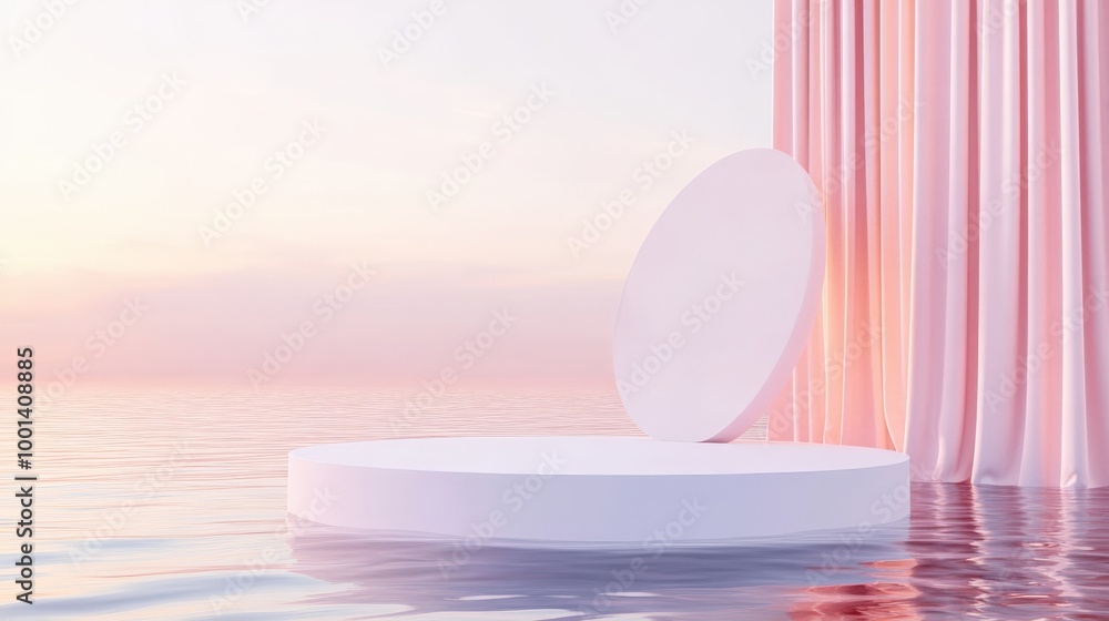 Elegant 3D render featuring an abstract podium on water with fluttering curtains. Pastel minimal background perfect for showcasing products in a modern style Elegant 3D render featuring an abstract podium on water with fluttering curtains. Pastel minimal background perfect for showcasing products in a modern style