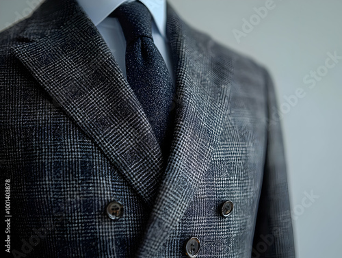 Elegant close-up of a tailored double-breasted suit with a textured fabric and a classic tie on a neutral background. photo