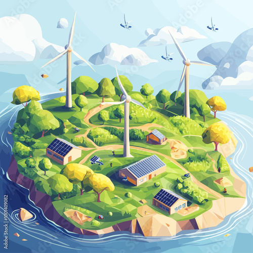 Isometric Renewable Energy Landscape with Wind Turbines and Solar Panels