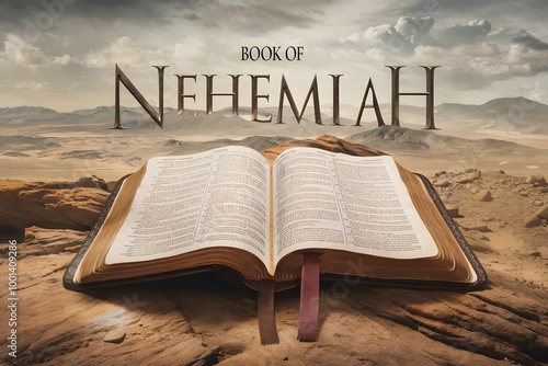 An epic cinematic presentation of the Book of Nehemiah. A large open bible is placed on a rocky terrain. The book is revealing the name Nehemiah. photo