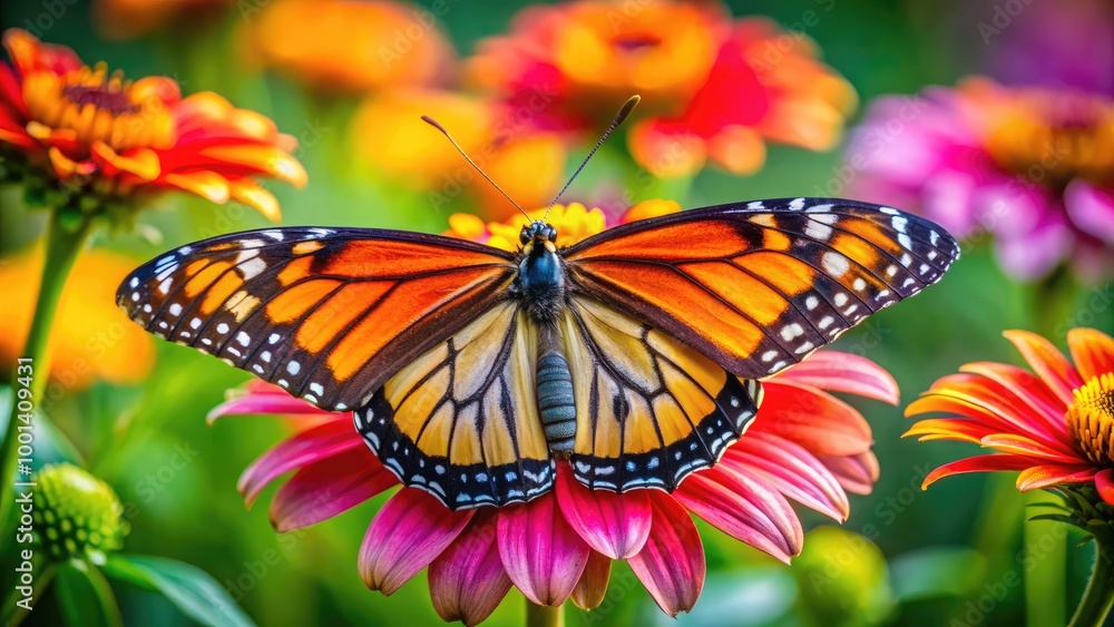 Fototapeta premium Beautiful butterfly with closed wings resting on a vibrant flower in a lush green garden setting