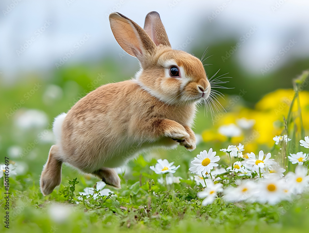 A cute rabbit hopping through a field of colorful flowers under a clear sky.
