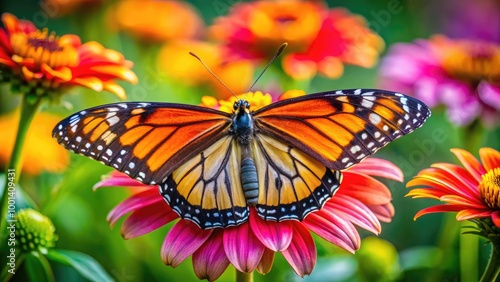 Beautiful butterfly with closed wings resting on a vibrant flower in a lush green garden setting