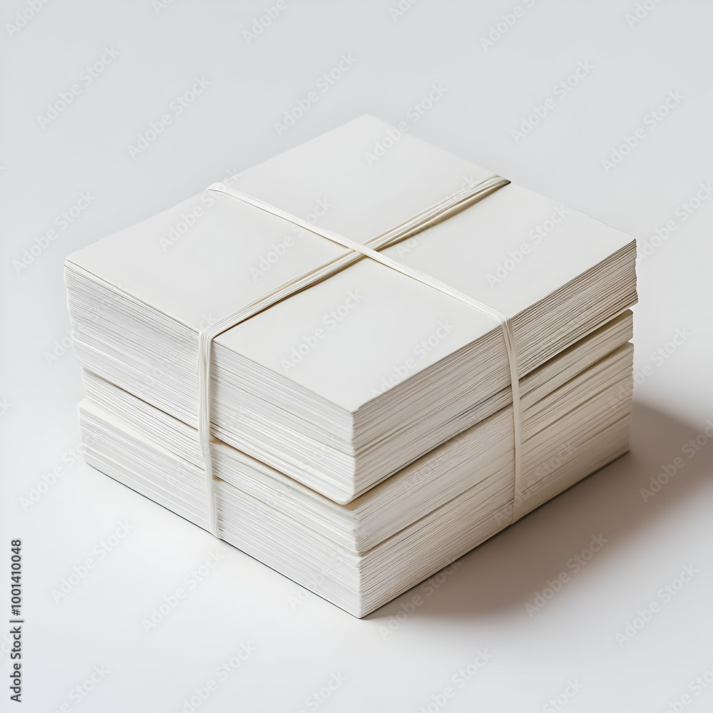 Stack of blank business cards neatly bundled with rubber bands on a white background. Stack of blank business cards neatly bundled with rubber bands on a white background.