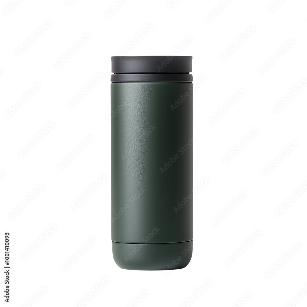 Sleek green travel mug with a black lid, isolated on a white background. Sleek green travel mug with a black lid, isolated on a white background.