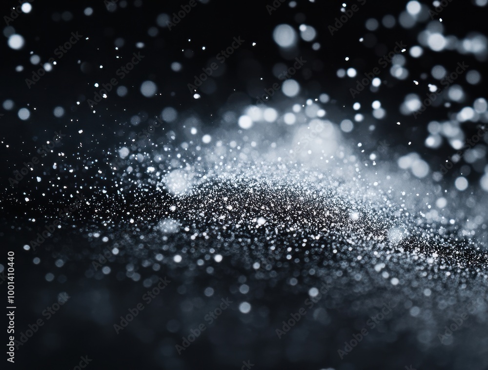 Snow falling on a black background, with snowflakes and particles in a depth of field Snow falling on a black background, with snowflakes and particles in a depth of field