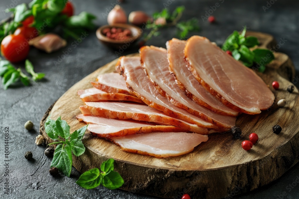 Smoked turkey meat sliced. Smoked turkey-ham fillets on a wood serving board. Deli products - generative ai Smoked turkey meat sliced. Smoked turkey-ham fillets on a wood serving board. Deli products - generative ai