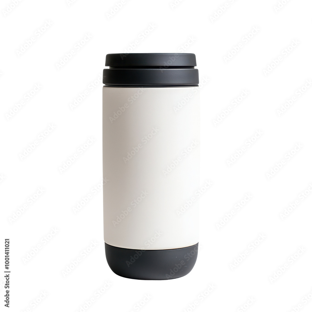Modern insulated travel mug with a white body and black lid, isolated on white background. Modern insulated travel mug with a white body and black lid, isolated on white background.