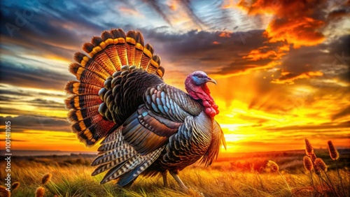 Dark outline of a majestic turkey against a warm golden sunset, feathers defined by the vibrant orange and pink hues of the fading light. photo