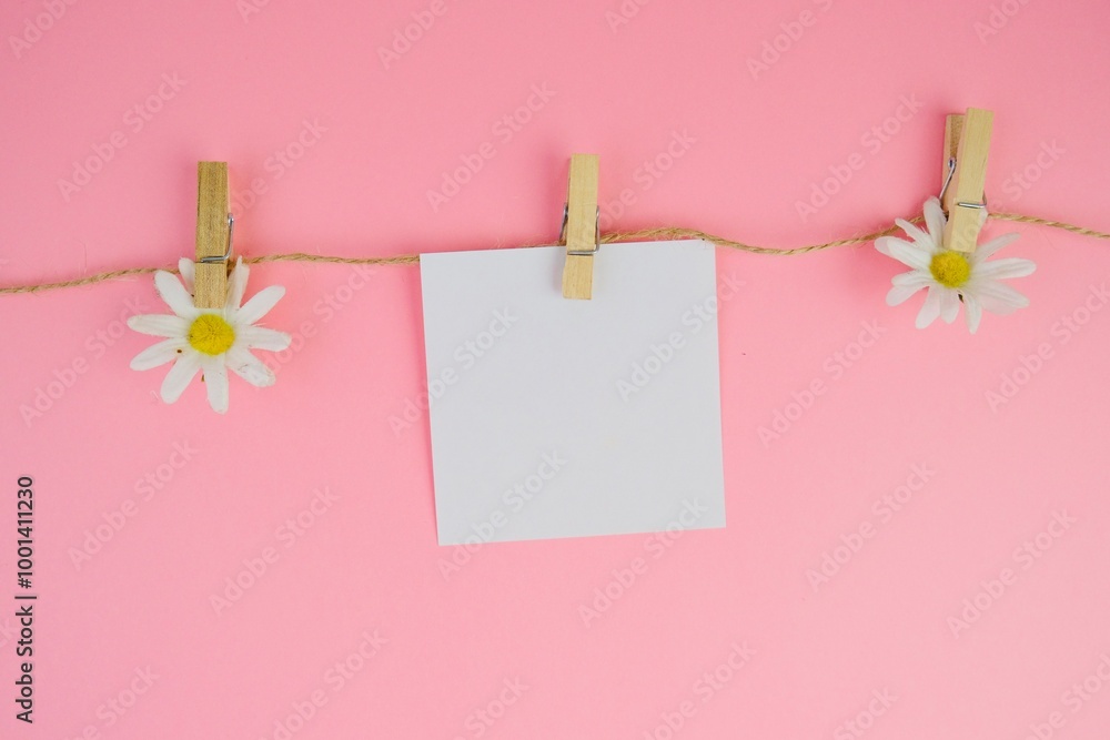 blank paper hanged with flowers on plain background as a memo concept blank paper hanged with flowers on plain background as a memo concept