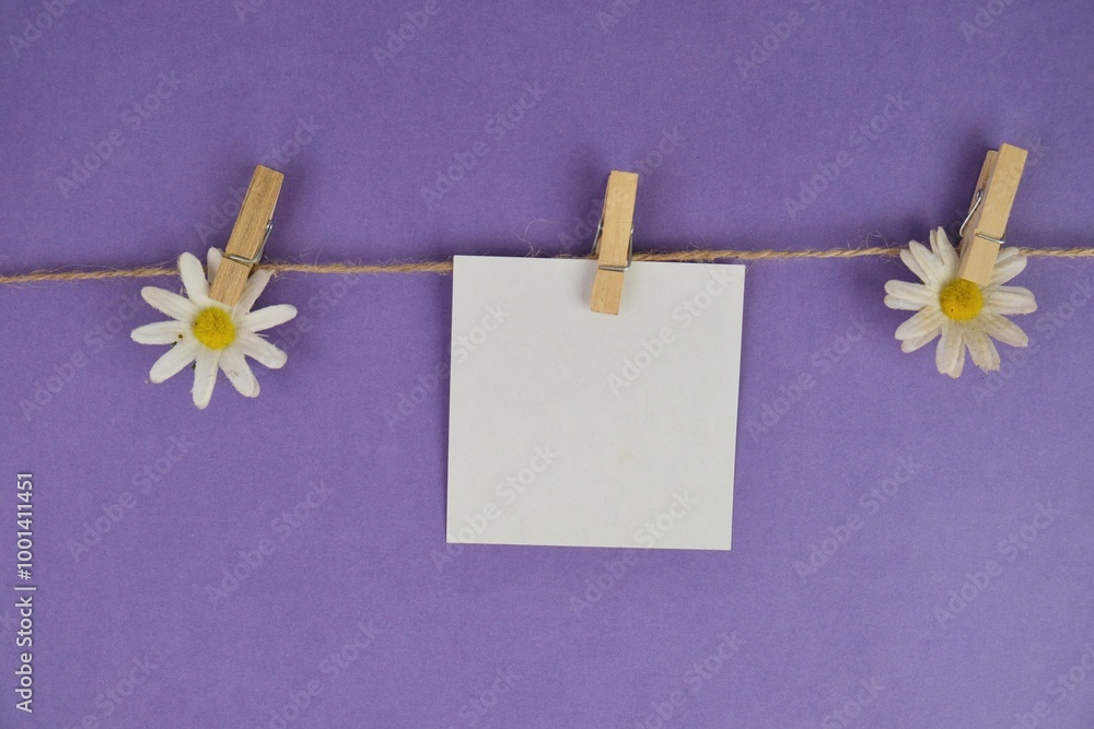 blank paper hanged with flowers on plain background as a memo concept blank paper hanged with flowers on plain background as a memo concept