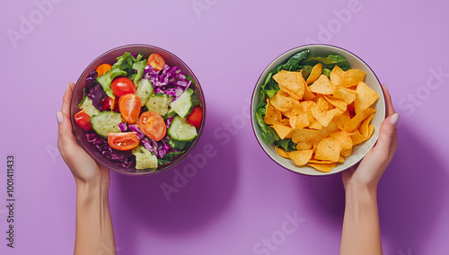 A pair of hands reaching for one bowl with salad and the other hand holding chips, set against a purple background Generated with AI