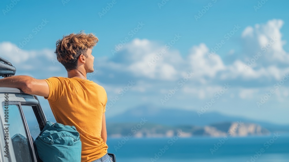 Fototapeta premium Man looking at ocean view from car window road trip adventure summer travel