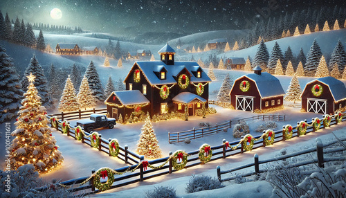 Snow-Covered Farm Decorated with Christmas Lights and Wreaths. Winter Scene with a Peaceful, Festive Atmosphere Under a Starry Night Sky. AI-generated