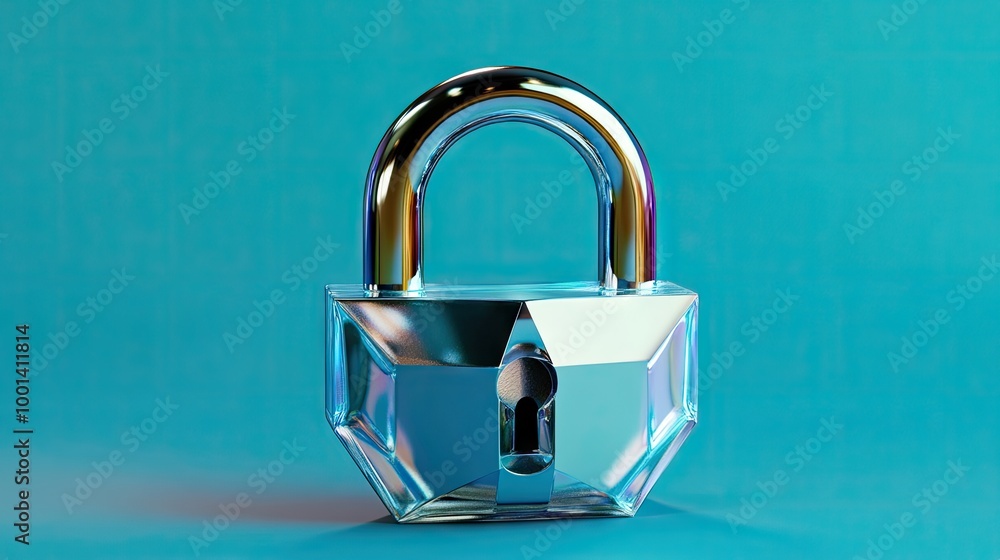 Fototapeta premium A holographic representation of a polygonal open padlock against a blue background, symbolizing safety,