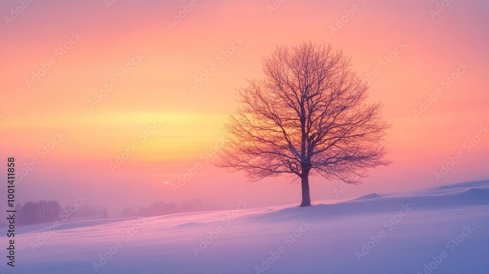 A lone tree against a radiant sunset or sunrise sky, with hues of orange and pink, capturing the magical atmosphere of Christmas A lone tree against a radiant sunset or sunrise sky, with hues of orange and pink, capturing the magical atmosphere of Christmas