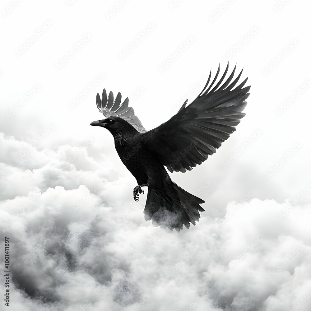 Fototapeta premium A majestic black crow soaring through fluffy clouds against a white background.