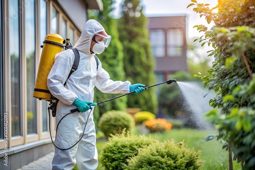 Pest control specialist exterminating with a spray
