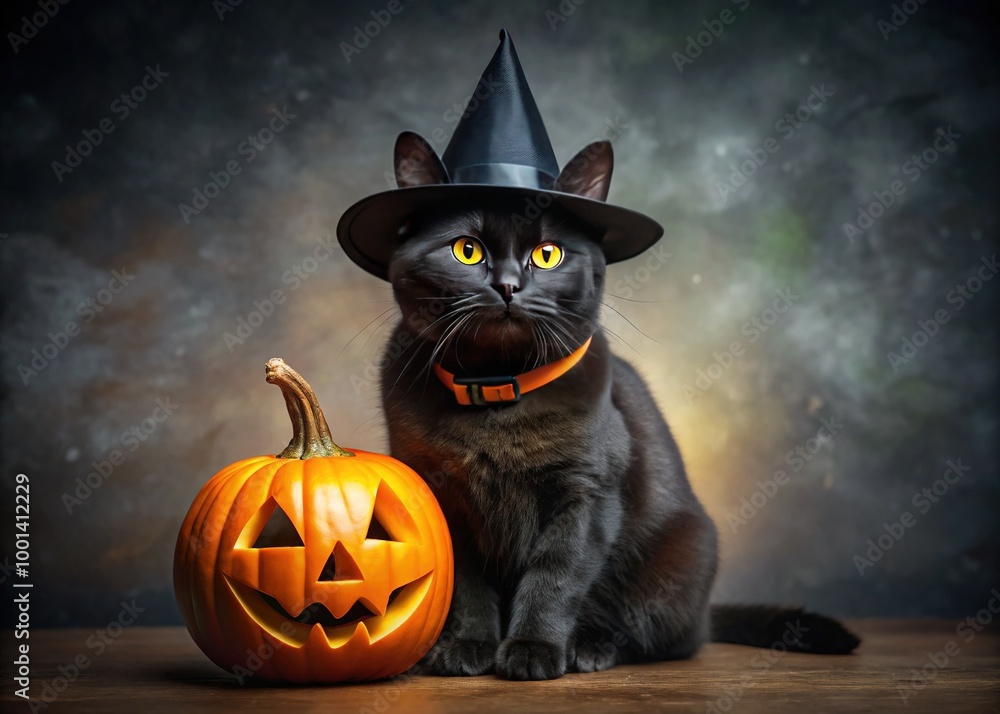 Adorable Black Cat with Pumpkin and Witch Hat Celebrating a Joyful Halloween Night Scene Adorable Black Cat with Pumpkin and Witch Hat Celebrating a Joyful Halloween Night Scene