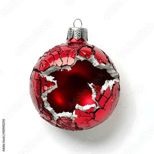 A cracked red Christmas ornament showcasing its festive yet fragile nature against a white isolated background. photo