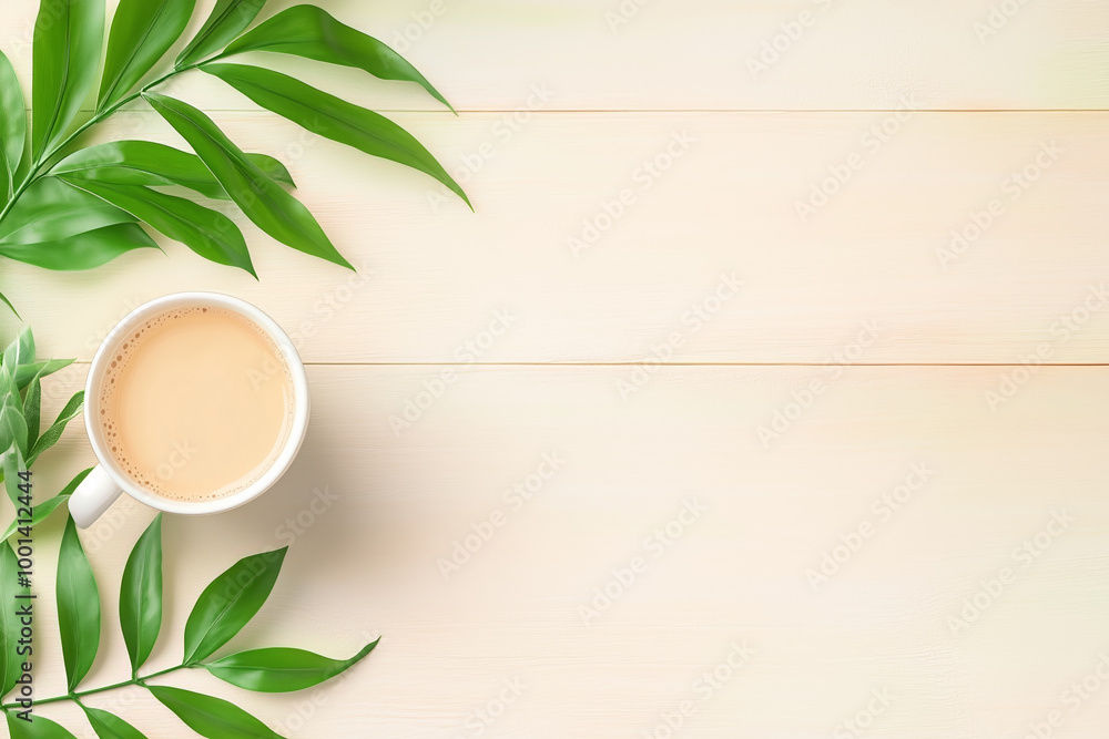 A cozy cup of coffee surrounded by fresh green leaves on a light wooden table A cozy cup of coffee surrounded by fresh green leaves on a light wooden table