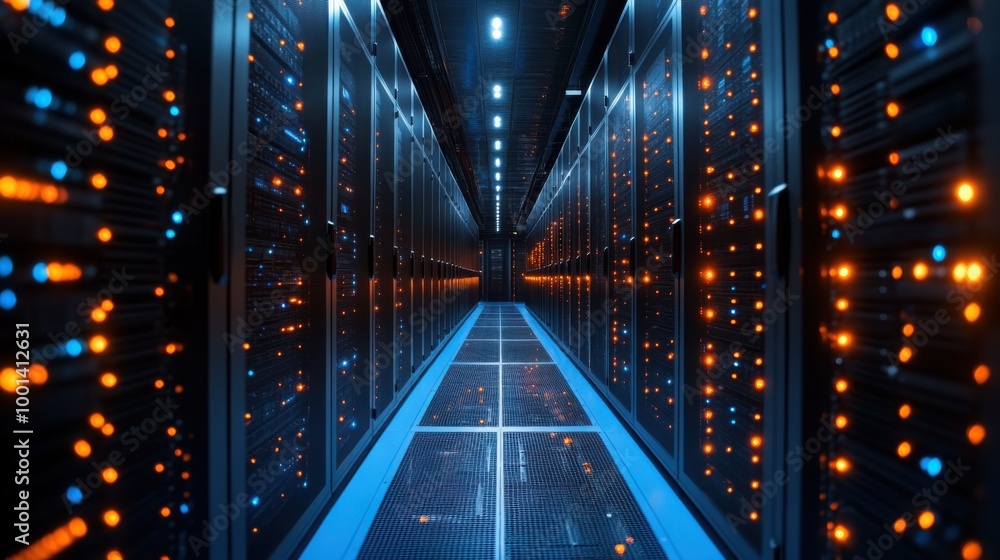 Information Flow in a Blue and Orange Data Center Illustrating Cloud Connectivity Information Flow in a Blue and Orange Data Center Illustrating Cloud Connectivity