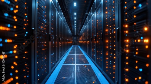 Information Flow in a Blue and Orange Data Center Illustrating Cloud Connectivity