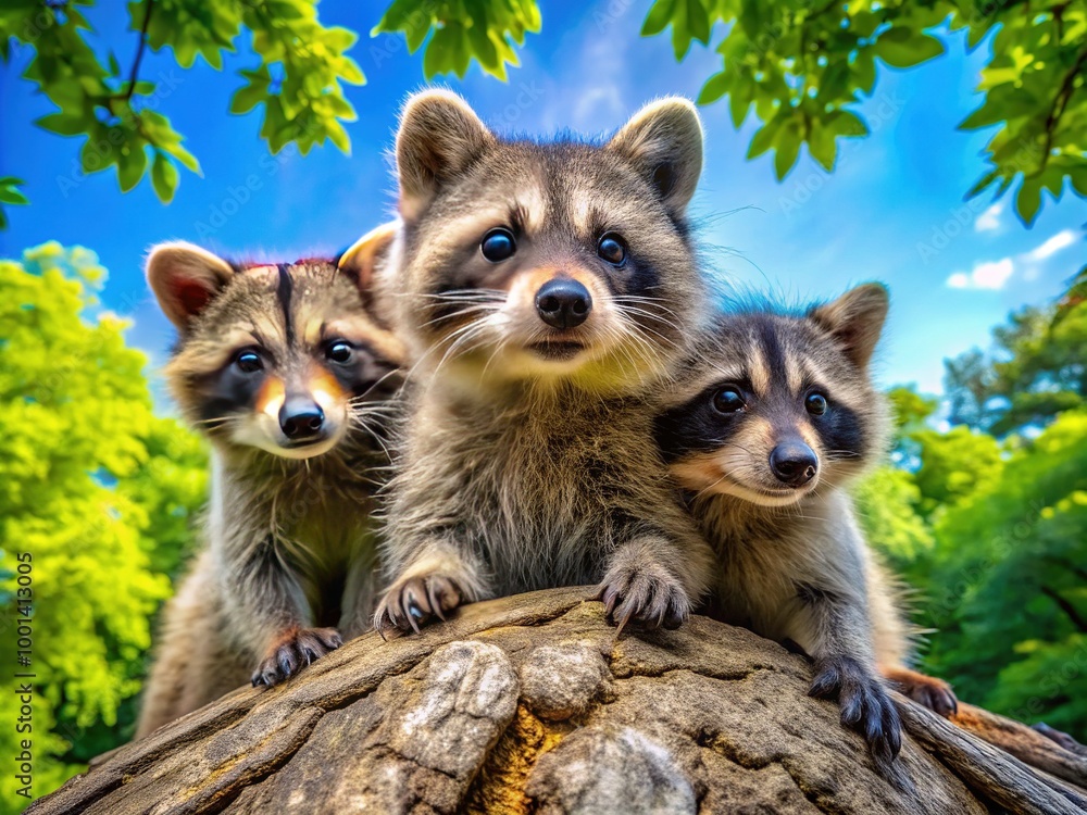 Obraz premium Adorable Raccoon Family Playing Together in Natural Habitat Under a Bright Blue Sky and Green Trees