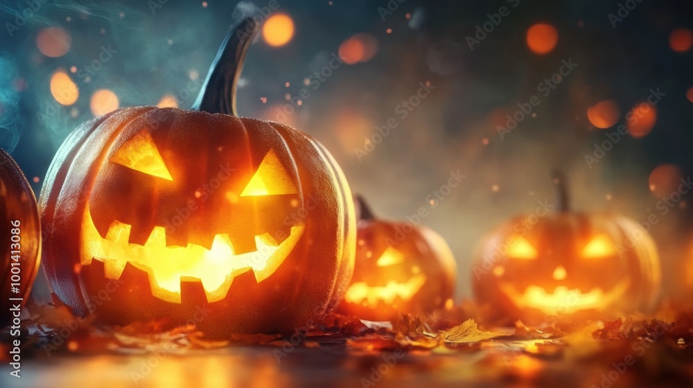 Fototapeta premium Halloween jack-o'-lanterns with glowing faces in a mystical autumn setting.
