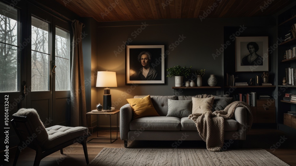 Cozy Living Room with Grey Walls and a Large Window Cozy Living Room with Grey Walls and a Large Window
