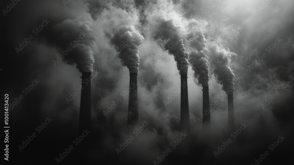Industrial pollution: Factory chimneys, smokestacks, emitting fumes and clouds of toxic smog, pollution, chemicals. Global warming, climate change, cause and effect. Industrial pollution: Factory chimneys, smokestacks, emitting fumes and clouds of toxic smog, pollution, chemicals. Global warming, climate change, cause and effect.