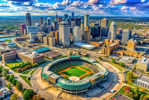 Aerial View of Comerica Park in Detroit Michigan Showcasing Modern Architecture and Urban Landscape